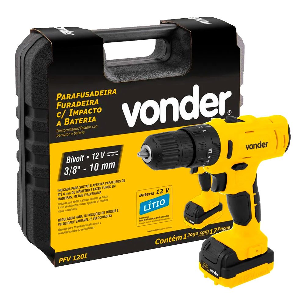 1661536742859 Parafusadeira/Furadeira de Impacto PFV120I a Bateria 12V 3/8 Pol. com Carregador Bivolt Maleta e Acessórios VONDER-PFV120I - Imagem 1