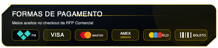 Formas de pagamento aceitas pela RFP Comercial: Pix, Visa, Mastercard, American Express, Elo e Boleto
